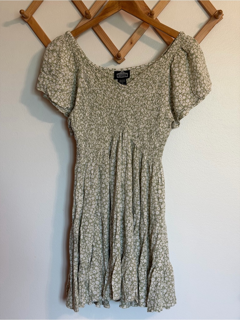Angie Sage Green Floral Smocked Boho Mini Dress